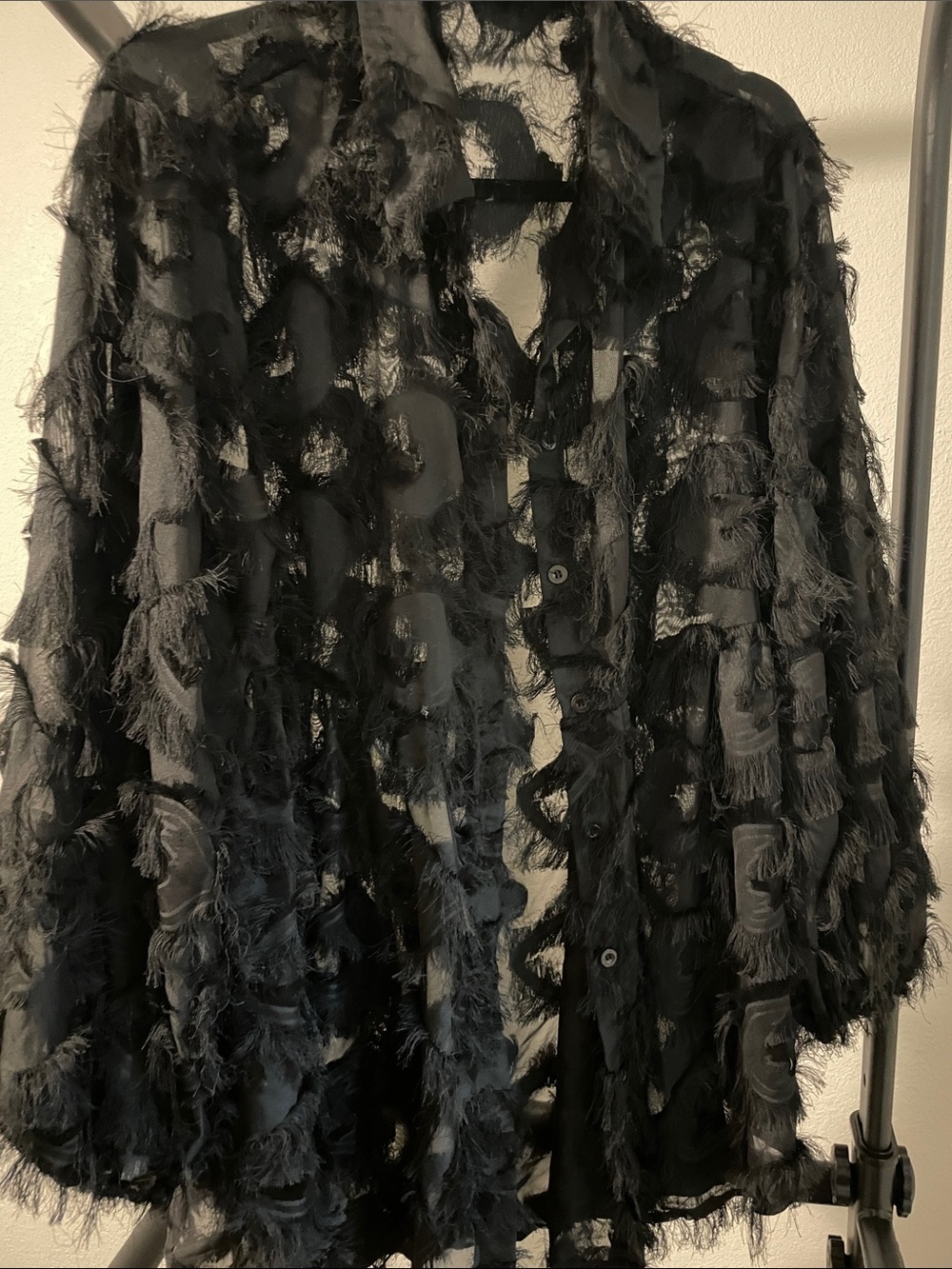 SHEIN Black Frayed Sheer Button-Down Shirt